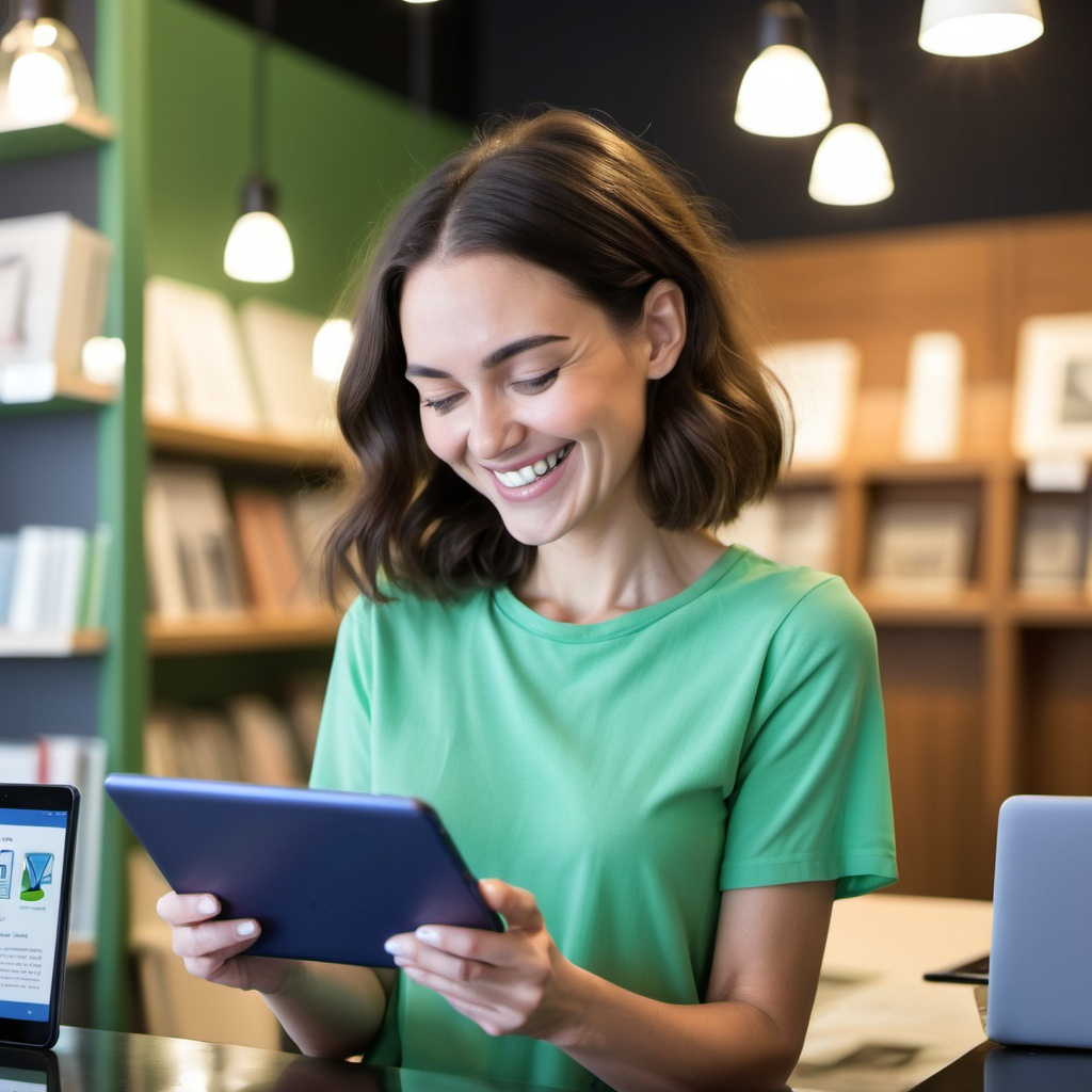 A woman in a green shirt in a library smiling as she is viewing something on her tablet resembling a Sync Vista customer smiling when reading Sync Vista's articles or posts that boost SEO. Sync Vista is a digital marketing consultancy that serves clients world wide and especially in the Middle East like Saudi Arabia, UAE, Kuwait